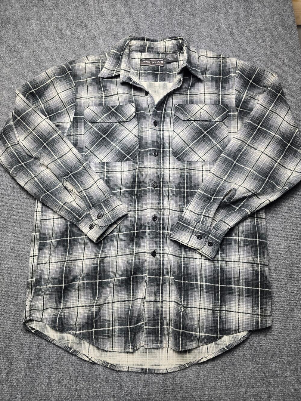 David Taylor Men's Medium Black Gray White Plaid Flannel Shirt Workwear